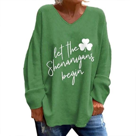 Ukumplol St Patricks Day Shirt Green Shirts for Women's Long Sleeve Letter Printed V Neck Top Festive Casual T Shirt Notre Dame Sweatshirt Green1 L