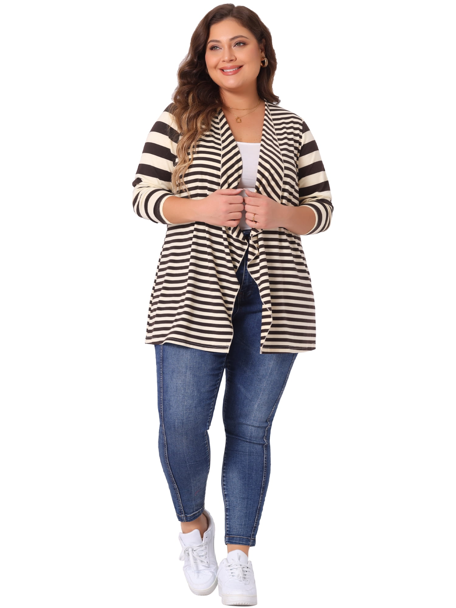 Unique Bargains Women's Plus Size Open Front Striped Mixed Cardigan 2X Brown