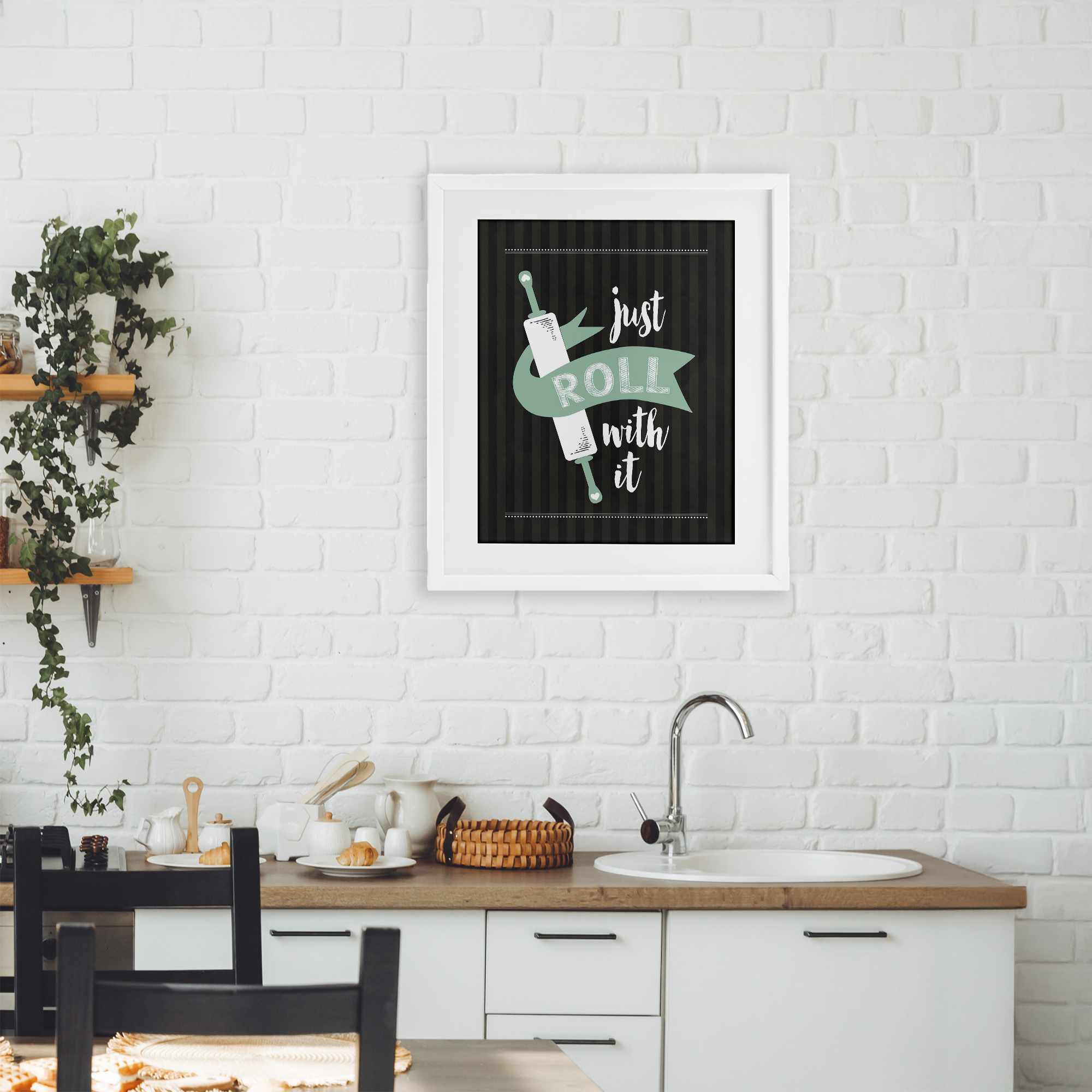 Roll With It Black & Green White Framed Print Under Glass, design by Lettered and Lined