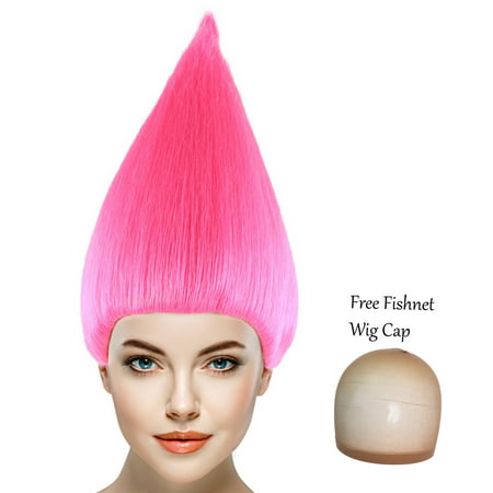 Trolls Hair Wigs w/ Wig Cap Cosplay Costume Party Halloween Colorful Pink Hairpiece for Men,Women