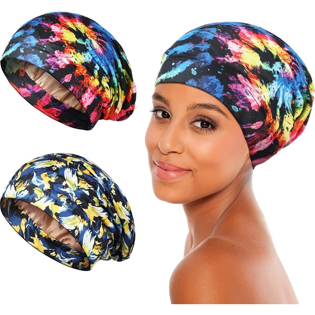 PIKADINGNIS 2 Pieces Silk Hair Wrap Sleeping Satin Lined Slouchy