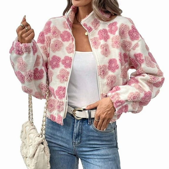 Women'S Zip Up Fleece Crop Jacket Long Sleeve Cute Floral Outerwear Coats Fall Winter Outfit Pink M