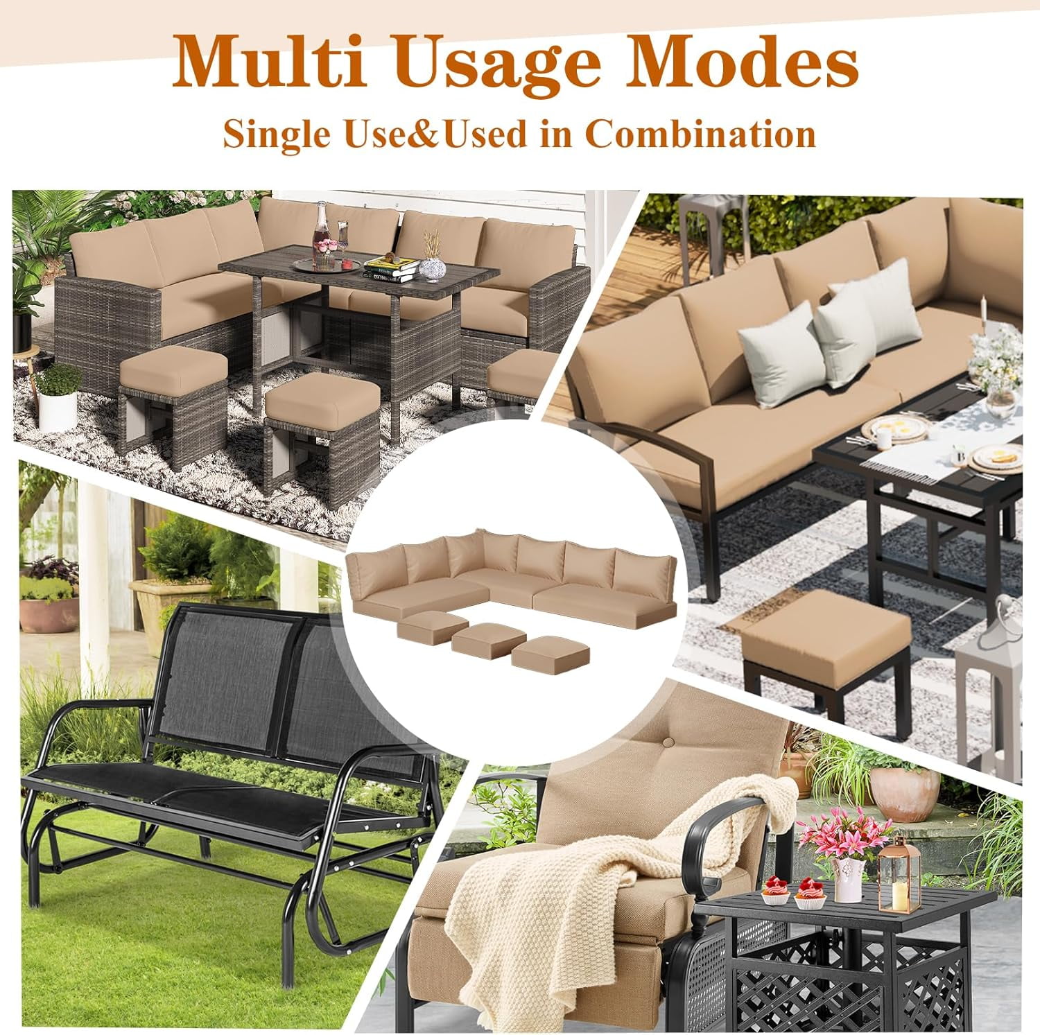 AECOJOY Outdoor Patio Furniture Cushions, 4-Inch Memory Foam Replacement Cushions for 7-Seat Sectional Wicker Conversation Set, Beige