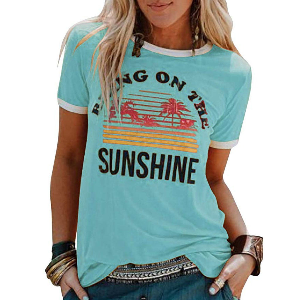 Womens Letter Graphic Printing Tees Summer Round Neck Short Sleeve T-Shirts Tops