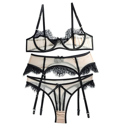 

Lingerie For Women Ladies Sexy Lace Mesh Sexy Lingerie Underwire Bra + Thong + Garter 3Pcs Suit