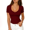 thumbnail image 2 of Camisas de Manga Corta para Mujeres Casual con Cuello en V Plisado, Camisetas de Color Sólido para Primavera Verano, 2 of 6