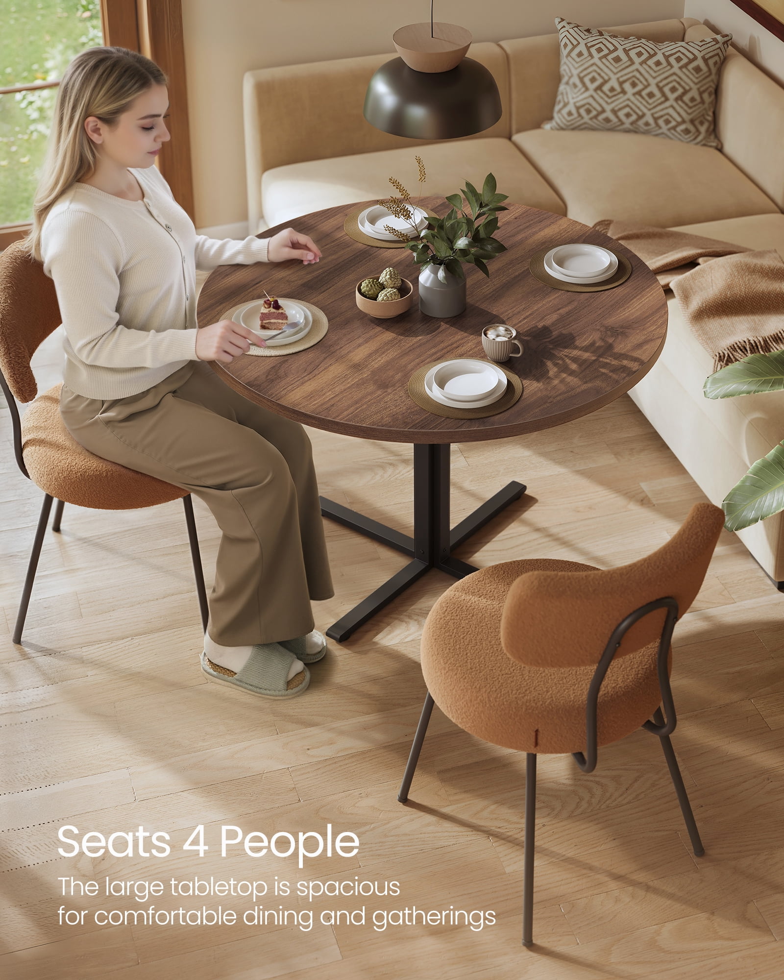 Round Dining Table for 4, 31.5 Inch Small Kitchen Table with Water-Resistant Top, C-Shaped Steel Frame & 220 lb Capacity, Farmhouse Style, Somber Walnut