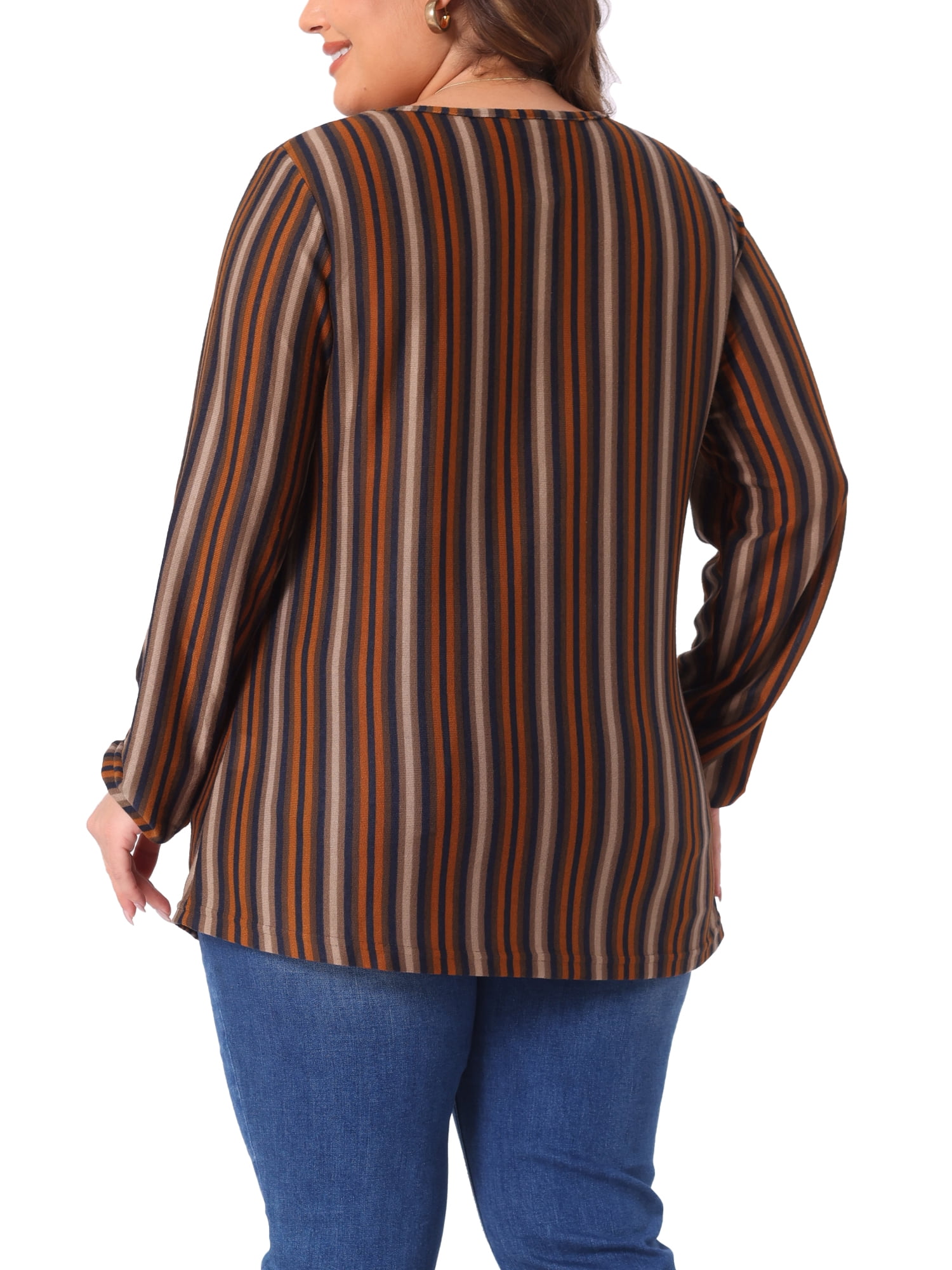 DARING DIVA Women's Plus Boho Color Block Elastic Cuff Long Sleeve Striped Top 3X Orange