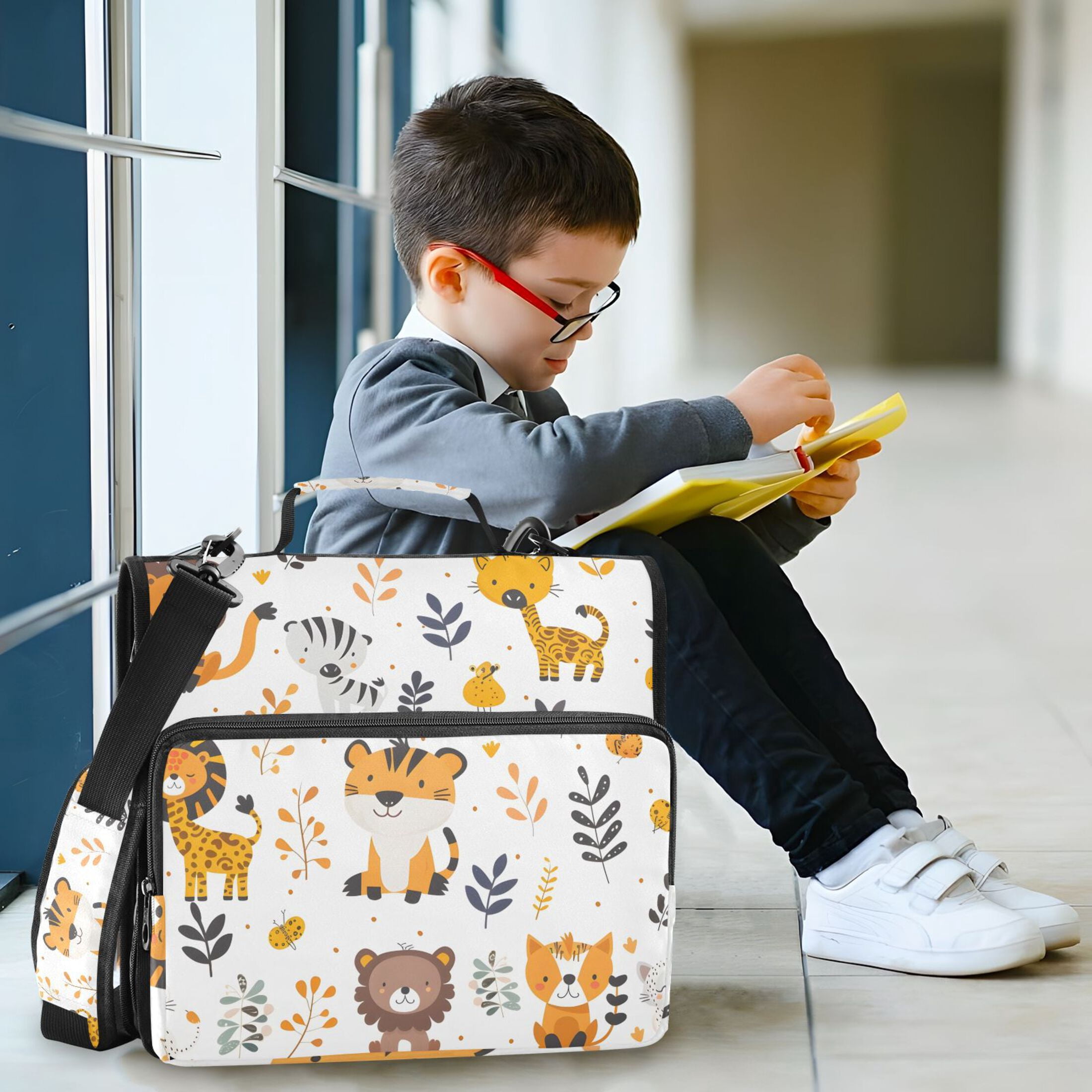 3 Ring Zipper Binder with Shoulder Strap Waterproof Trapper Keeper 2 Inch D-Ring 500 Sheets Capacity Cute Lion Giraffes Leaf Tiger
