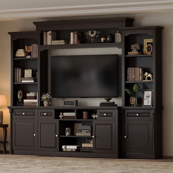 Amerlife 102.8" Wall Unit TV Stand with Cabinet & Storage, Large Entertainment Center for TVs up to 65, Adjustable Shelf for Living Room, Dark Walnut