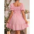 thumbnail image 2 of Pink Square Neck Ruched Waist A-Line Dress With Puffed Sleeves And Tiered Hem, 2 of 6