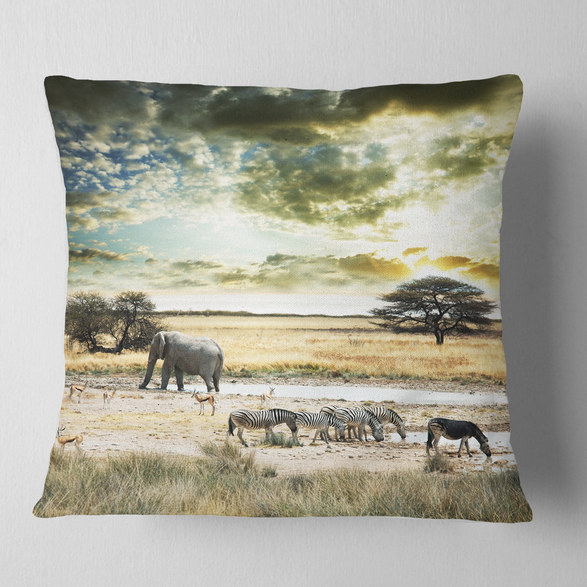 Designart Wild African Zebras and Elephant - African Throw Pillow - 18x18