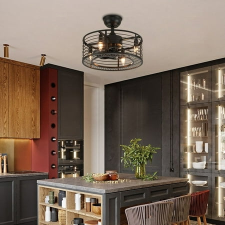 

Modern Fandelier Black Flush Mount Ceiling Light Fixture Caged Ceiling Fan with Light and Remote