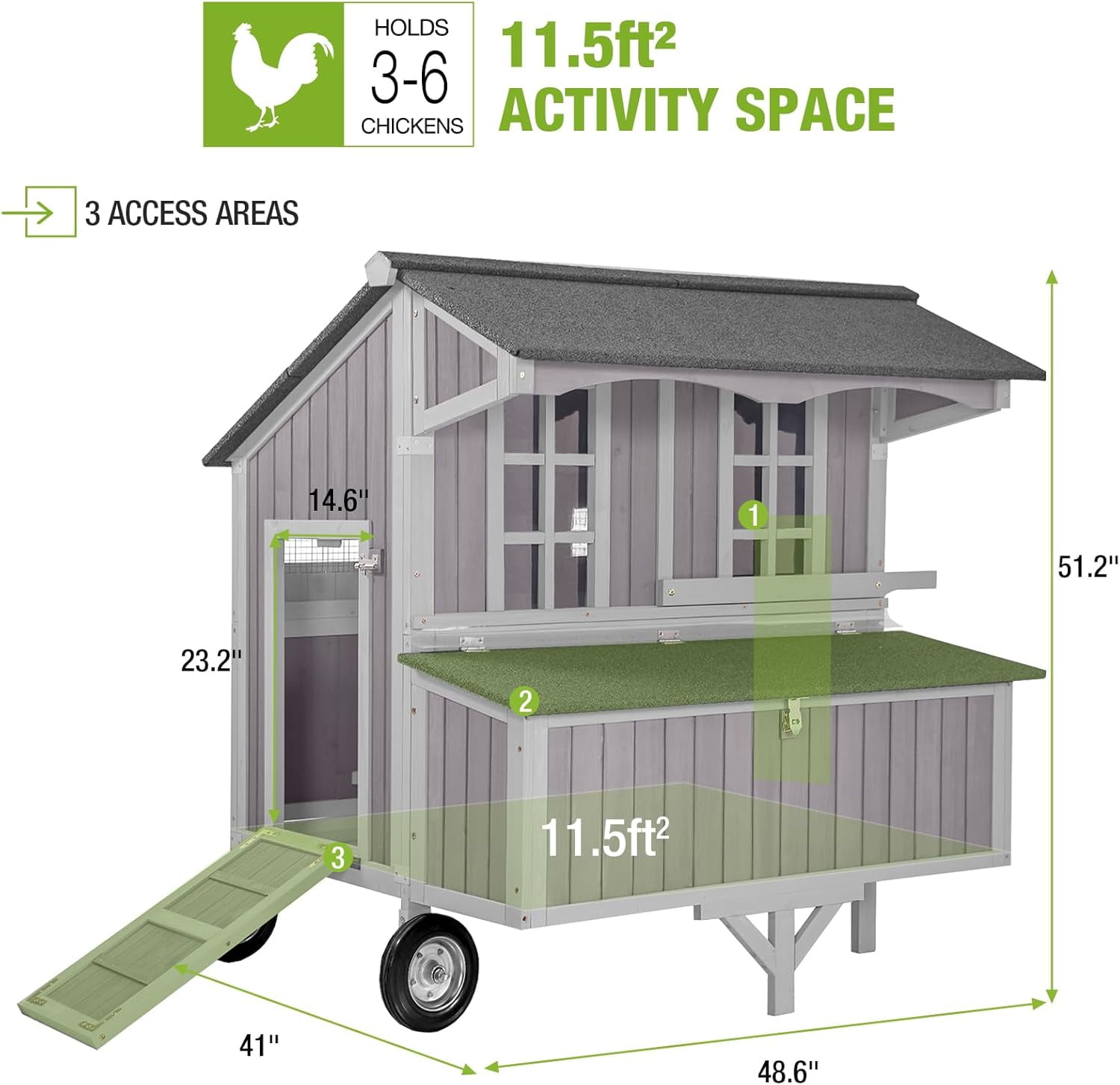 BUTINGLALE Chicken Coop Mobile Duck Coop with Super Large Wheels Durable Hen House 48.6" Outdoor Rabbit Hutch with Nesting Box for 3-6 Chickens