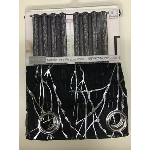 Set of 2 Martina Grommet Top Snow Voile Curtain Panels with Silver Metallic Foil Accent, 90" Long, Black