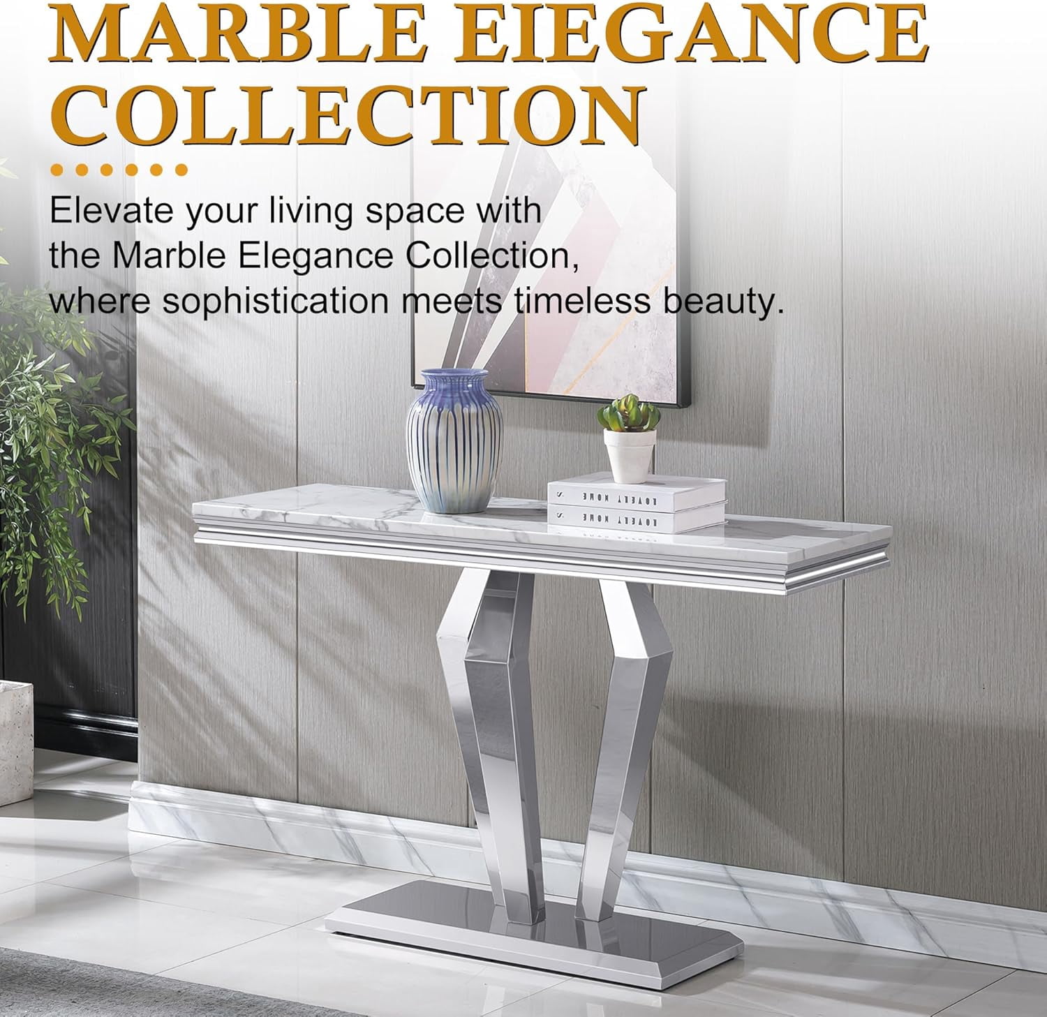 47" Modern Faux Marble Console Table, Rectangular Top & Diamond-Shaped Stainless Steel Base, Narrow Entryway Table for Entrance, Hallway, Foyer, or Living Room
