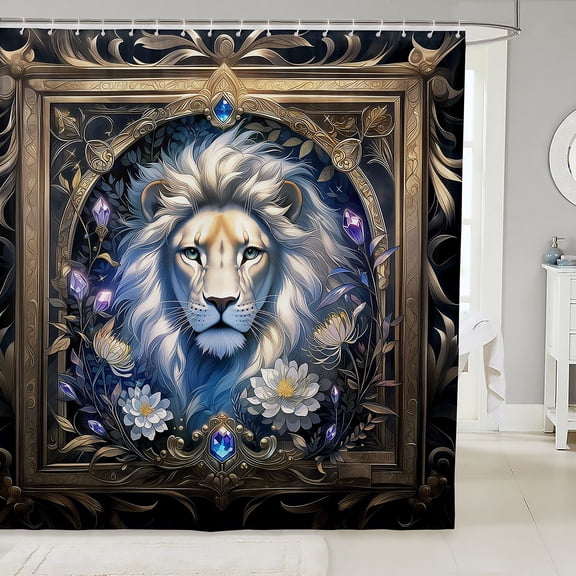 Manfei Woodland Lion Shower Curtain 72Wx72L, Vintage Boho Western Bathroom Curtain, Blue Brown