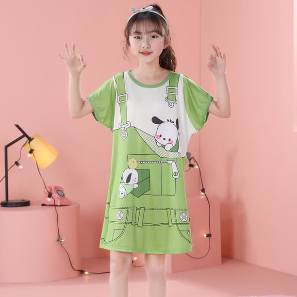 Pijamas infantiles de verano para niñas, lindos pijamas de manga corta con cuello redondo de dibujos animados, ropa de hogar holgada y delgada para niñas de talla mediana y niños mayores