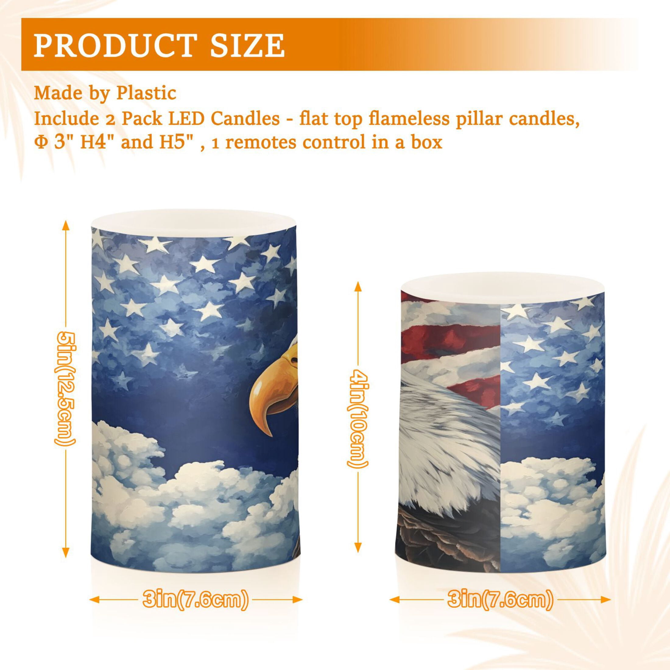 Flickering Flameless LED Candles set of 2 Battery Operated 18-Key Remotes Timer Halloween Fall Decor American Flag and Eagle D3''xH4''5''