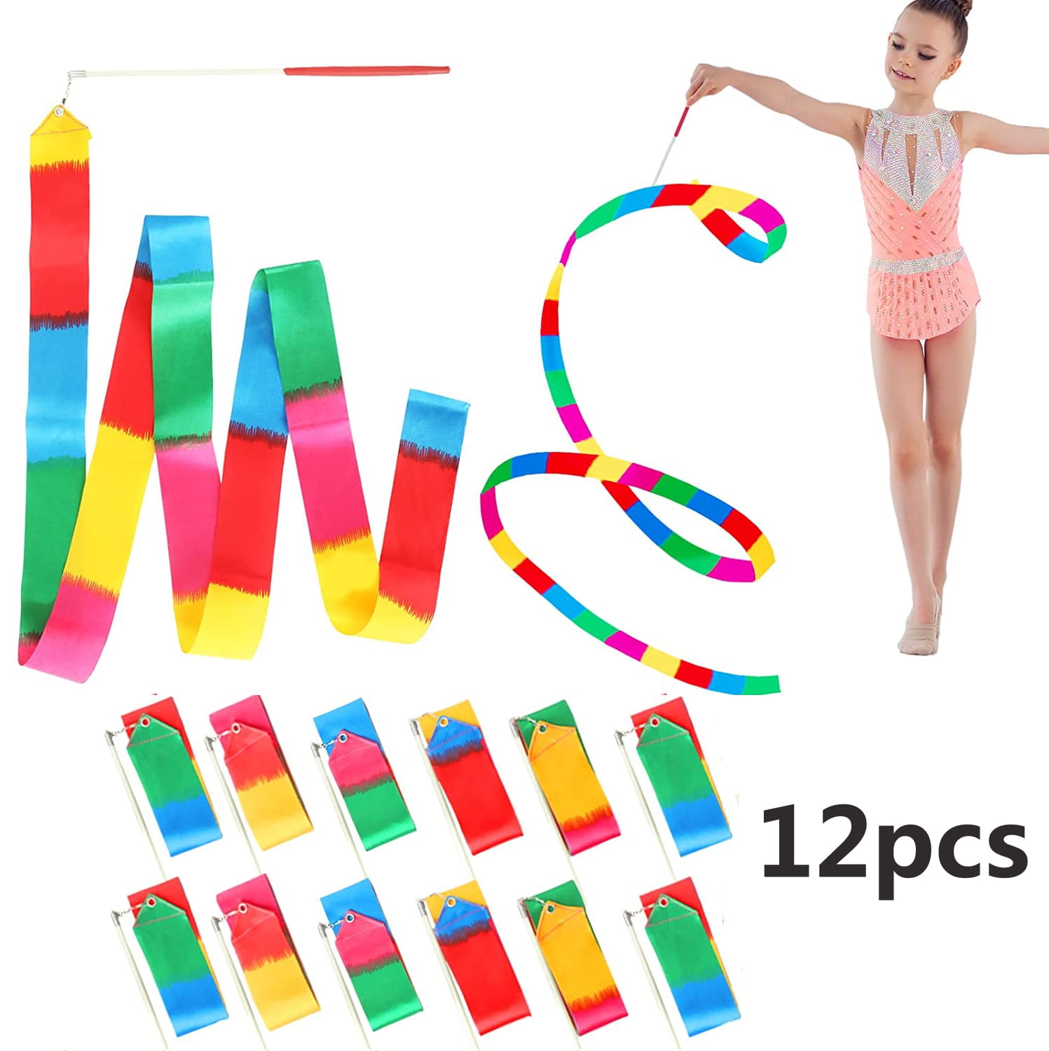 12pcs Dance Ribbons Streamers Rainbow Rhythmic Gymnastics Equipment