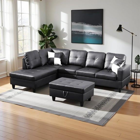 L Shaped Couch Faux Leather Sectional Couch Upholstered 3 Pieces Sofas for Living Room with left Chaise, Storage Ottoman for Office and Small Apartment, Black