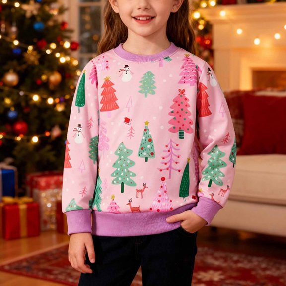Girls Sweatshirt Childrens Christmas Crew Neck Hoodless Sweatshirt Long Sleeve Pullover Pink 3-4 Years