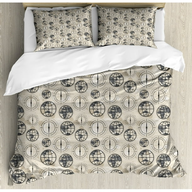 Compass Duvet Cover Set World Map Pattern With Aged Background