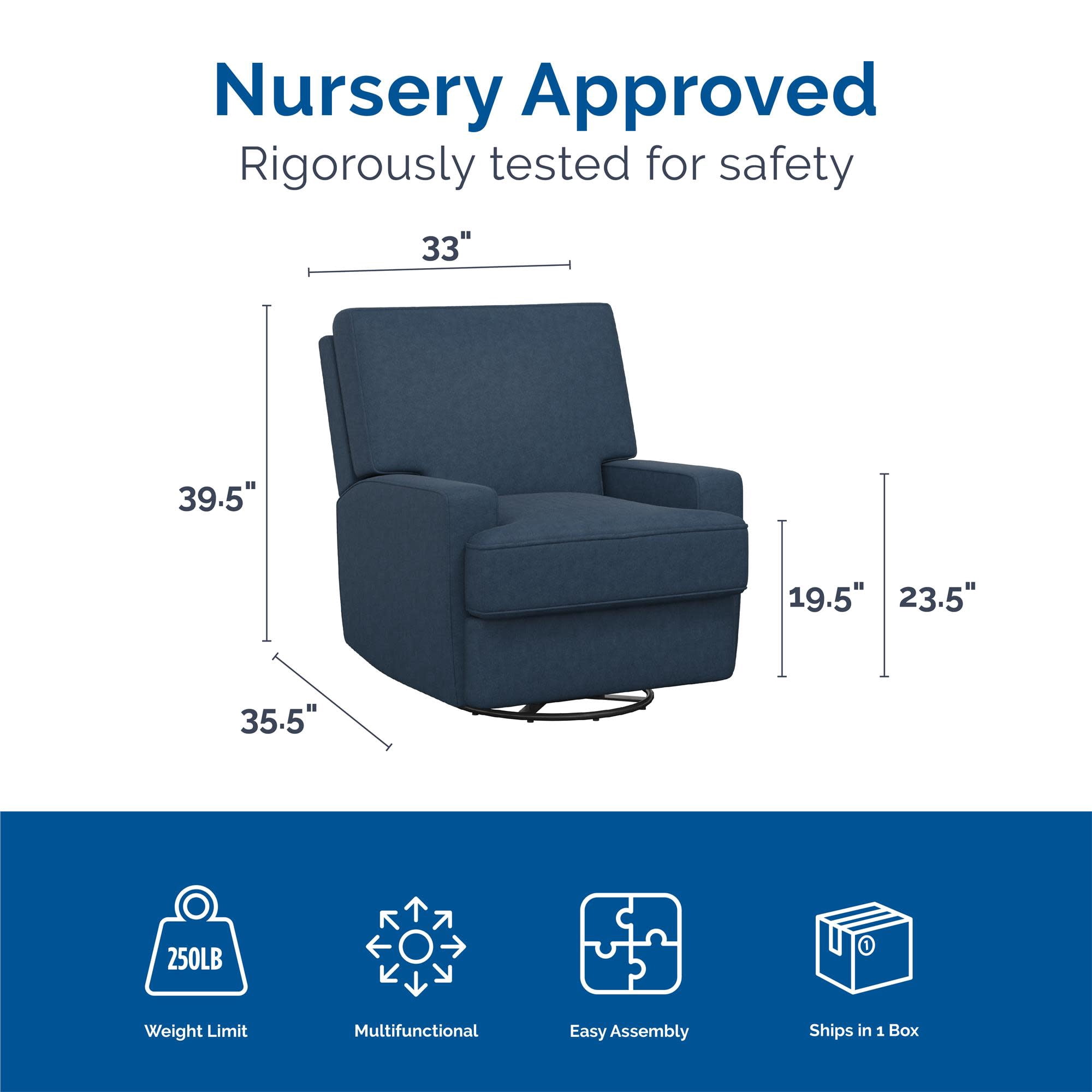 Baby Relax Rylan 4-in-1 Swivel Glider Rocker Recliner Chair, Navy