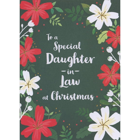 Designer Greetings Large White and Red Flowers with Gold Pistils on Dark Green Christmas Card for Daughter-in-Law