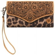Ariat Womens Leopard Print Floral Tooled Leather Wristlet Clutch Wallet