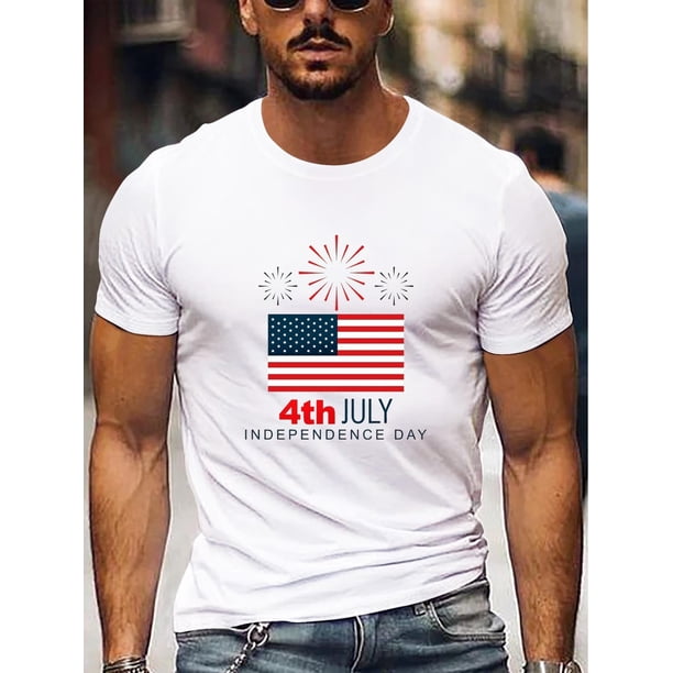 Men's Patriotic 4th of July T-Shirt - Casual Crew Neck, American Flag & Fireworks Print, Short Sleeve, Machine Washable, American Flag Clothes
