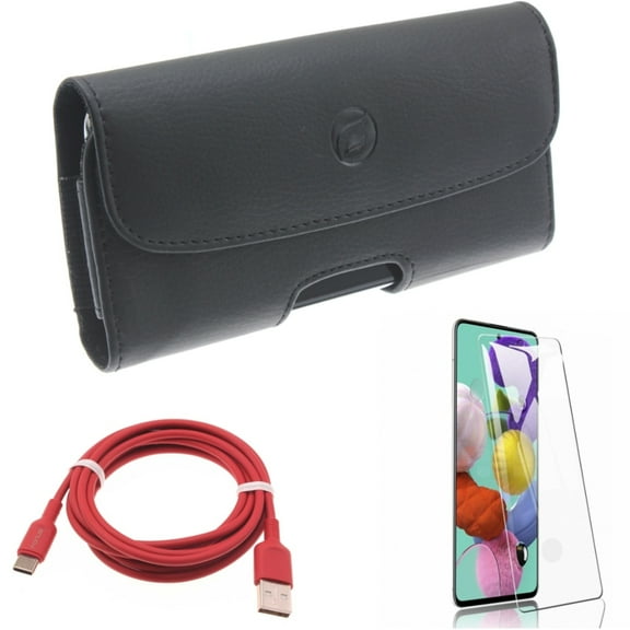Screen Protector w Case Belt Clip w 6ft USB-C Cable for Samsung Galaxy S20 - Tempered Glass [Fingerprint Unlock], Leather Holster, Red Charger Cord B2X fits Samsung Galaxy S20 Model