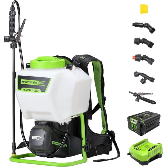 Greenworks 80V Backpack Sprayer 4 Gallon,Battery Powered Backpack Sprayer Kit for Weeding, Spraying, Pest Control, 2Ah Battery and Charger Included, Green, 80V Sprayer Kit (2.0Ah)