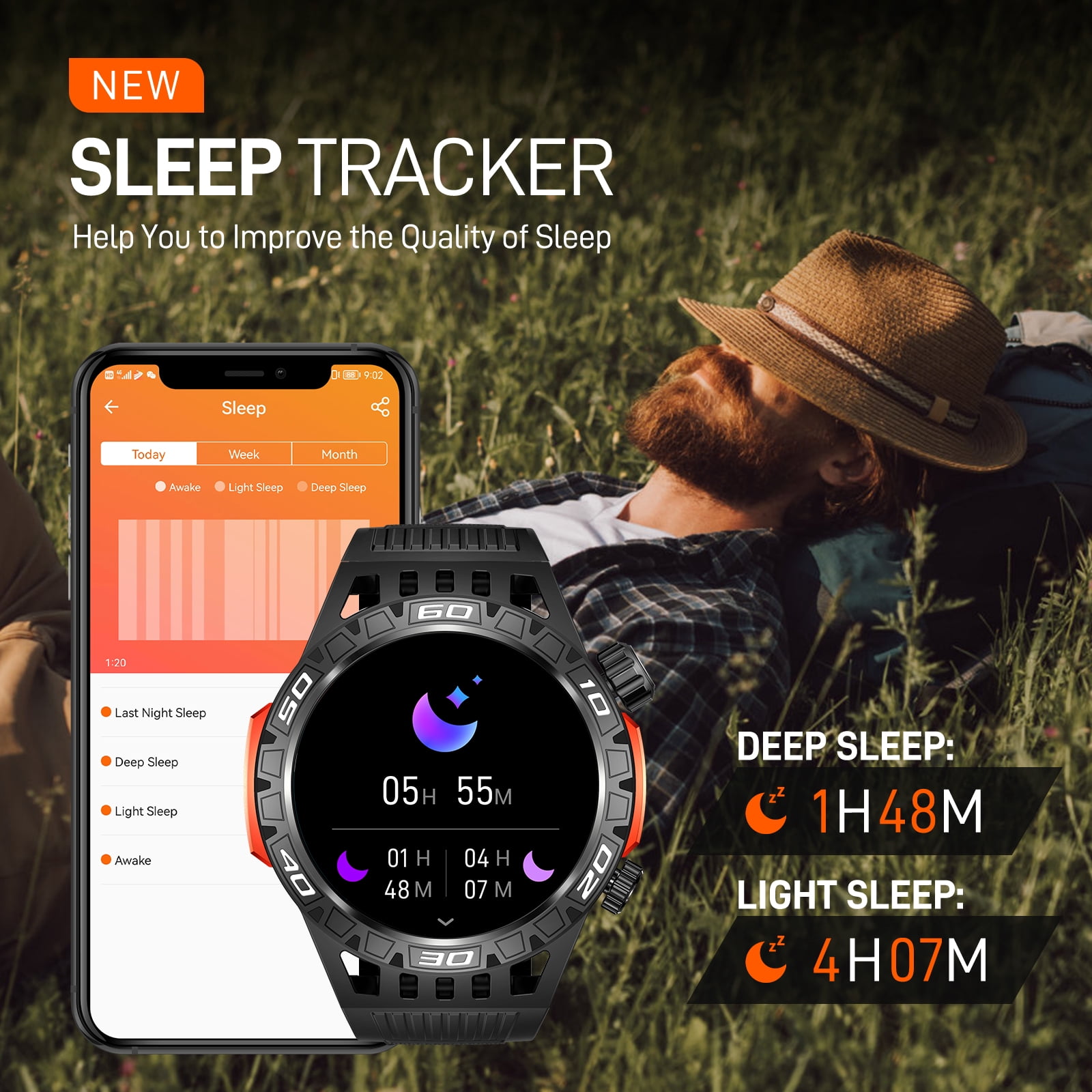 Military Smart Watch for Men with LED Flashlight Compass, Tactical Sport Smartwatch Activity Tracker with Sleep Monitor, 1.46" HD Rugged Bluetooth Smartwatch for Android iOS