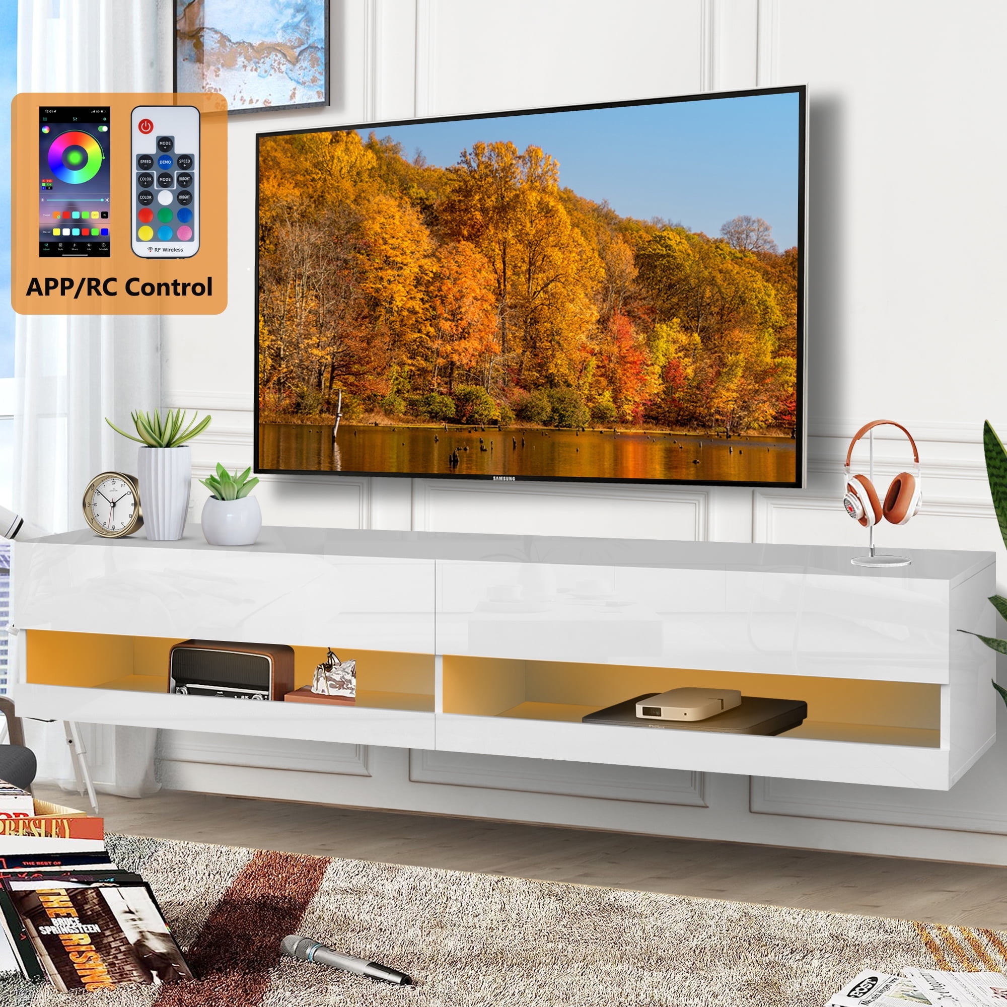 Floating TV Stand for 70 inch TVs, 60in Long Wall-mounted Entertainment Center for Living Room, Modern White TV Stands with High Gloss Finish and LED Lights, TV Cabinet Media Consloe, White