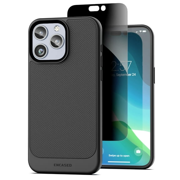 Encased Thin Armor Designed for iPhone 15 Pro Privacy Case, Slim Grip Case with Tempered Glass Privacy Screen Protector (Black)