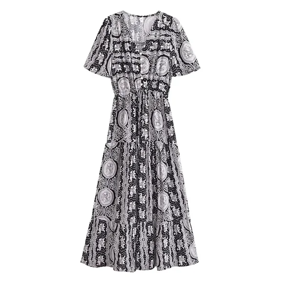 Women Blue Floral Print Ruffles Sleeve Bohemian Maxi Dresses Ladies Rayon Summer A-line Beach Boho Dress