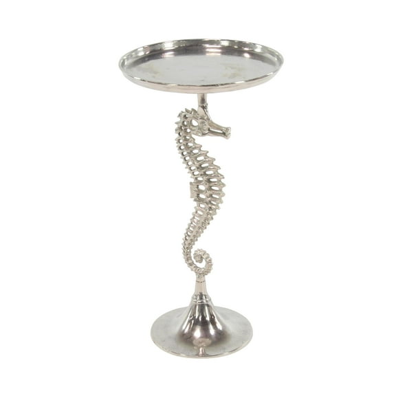 DecMode 16" x 29" Silver Aluminum Metal Pedestal Sea Horse Accent Table with Tray Top, 1-Piece