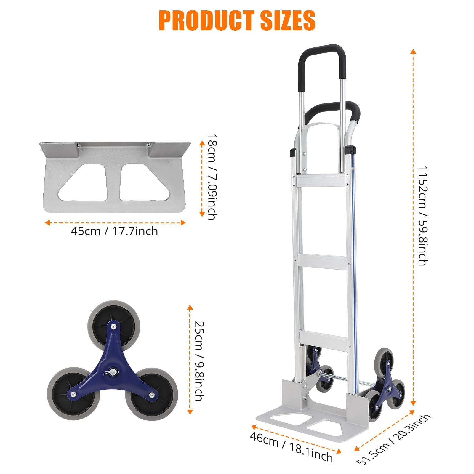 Stair Climbing Hand Truck 650lb, Heavy Duty Dolly Cart for Stairs, Thickened Upgraded Aluminum Tube Stair Climbing Trolley with Triangle Wheels and Dual Handle