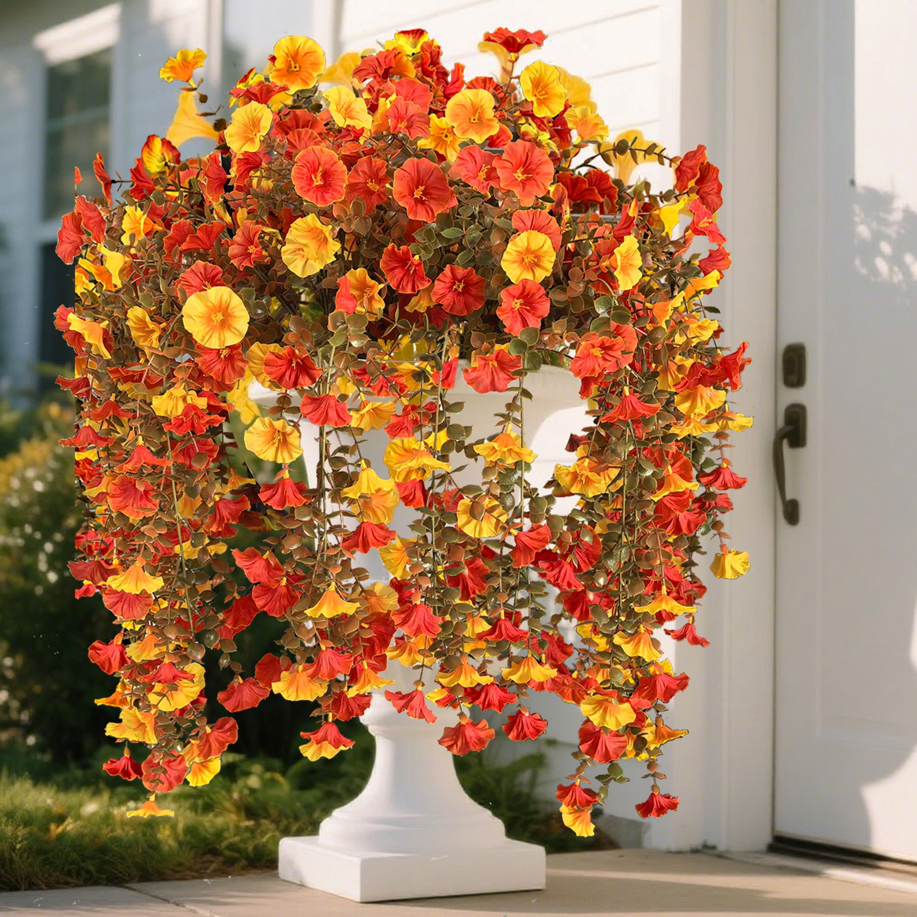 Artificial Fake Mums Flowers Plants for Outdoors, 2 PCS Artificial Hanging Flowers Silk Morning Glory UV Resistant Look Real for Outside Porch Planter Home Decor
