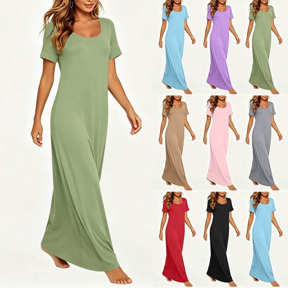 VBVC Women's Short Sleeve Crew Neck Maxi Nightgown, Ladies' Soft Stretchy Long Lounge Dress, Sleepwear Casual Home Dress For Women,Black,S-2XL