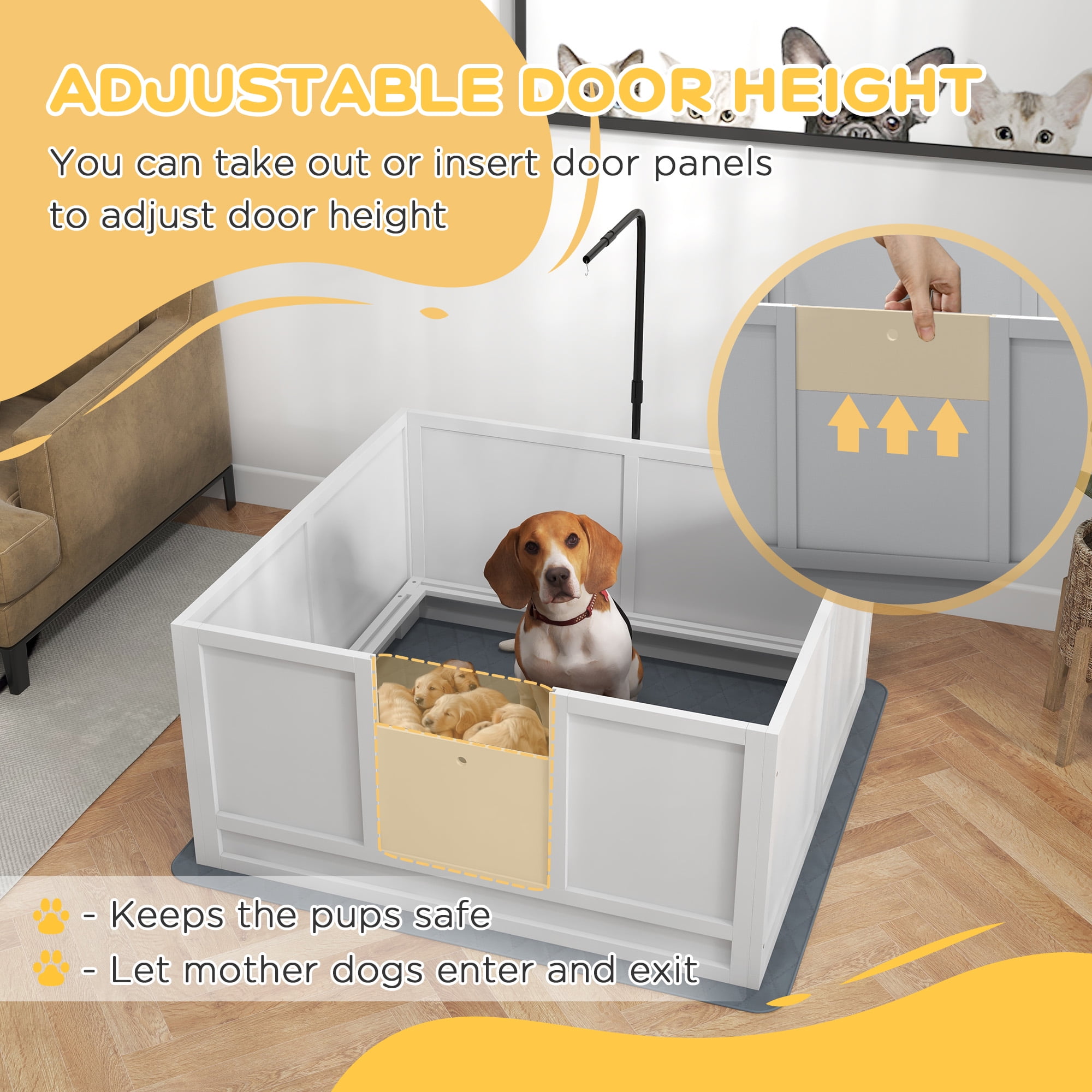 Whelping Box for Dogs with Retractable Light Stand, Birth Dog Whelping Box for Puppies with Pig Rail, Pee PadAdjustable Height Door for Small, Medium & Large Breed Dogs, 41" x 39"