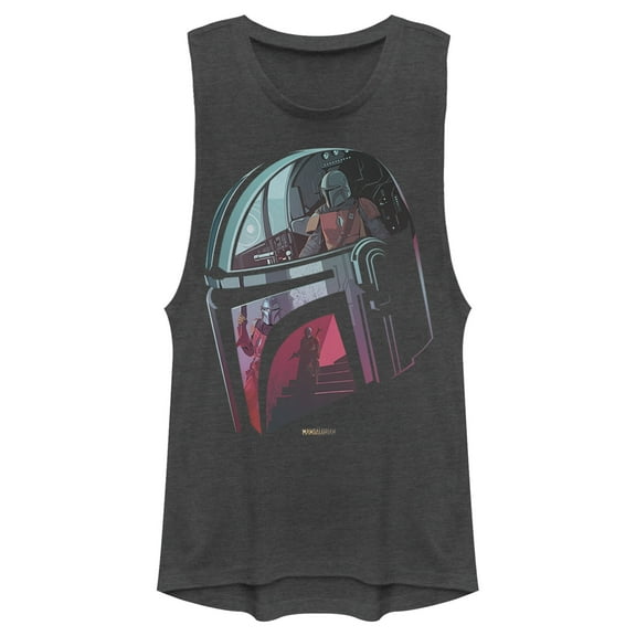 Junior's Star Wars: The Mandalorian Helmet Reflection Festival Muscle Graphic Tee Charcoal 2X Large