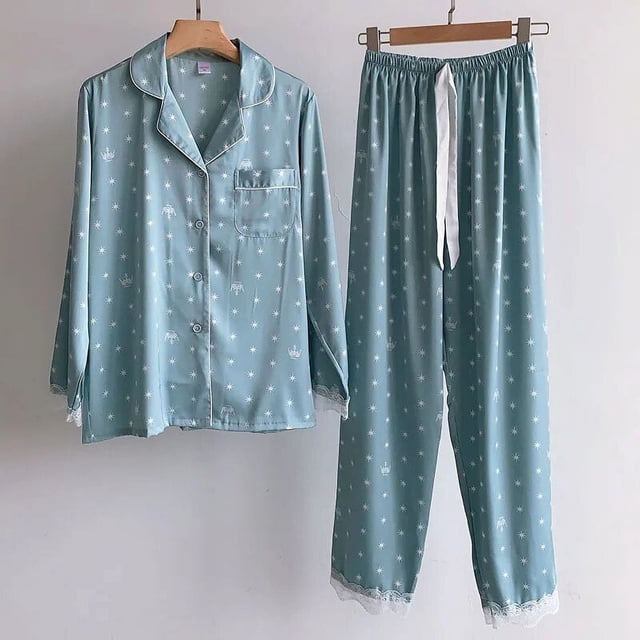 Conjunto de pijama de encaje para mujer, ropa de dormir cómoda de satén con estampado de corona elegante, ropa de ocio para el hogar, pijamas de seda para Navidad