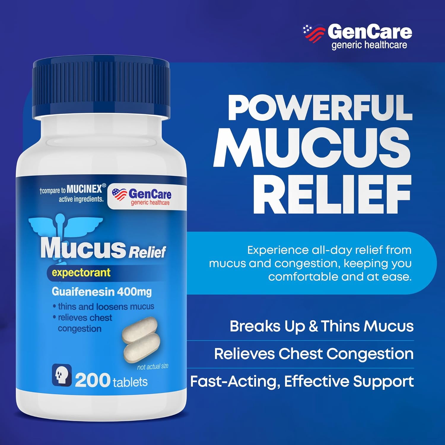 GenCare Mucus Relief Expectorant Guaifenesin 400 mg for Congestion and Flu, 200 Tablets