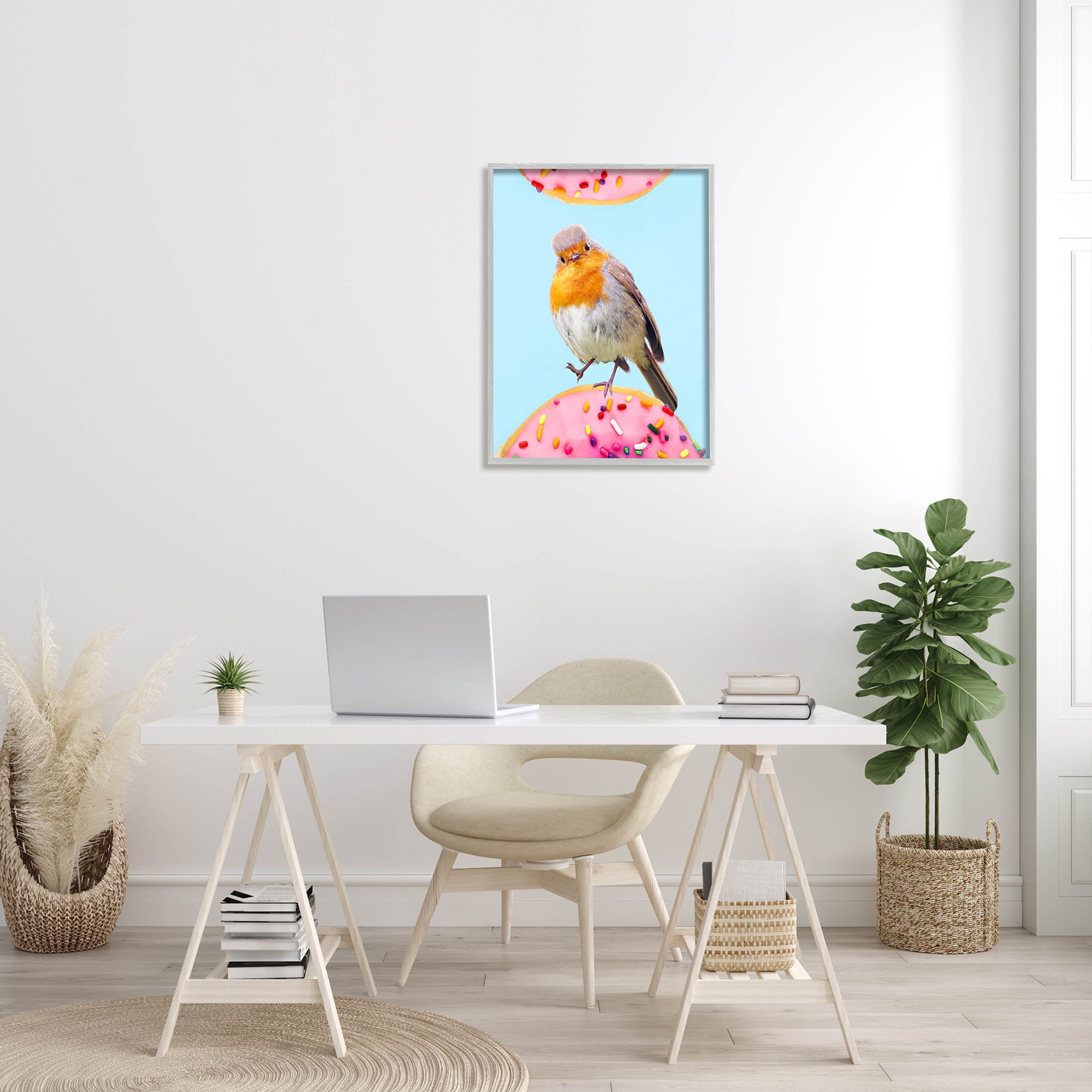 Bird Perched Sprinkled Donut Animals & Insects Graphic Art Gray Framed Art Print Wall Art