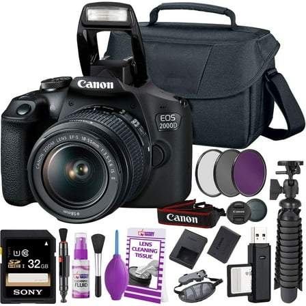 Canon Rebel T7 (EOS 2000D) DSLR Camera with EF-S 18-55 mm F/3.5-5.6 IS DC III Lens   32GB Memory Card   Camera Bag   Cleaning Kit   Table Tripod   Filters(International Model)