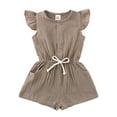 thumbnail image 2 of Newborn Baby Girls Drawstring Waist Buttons Jumpsuit Ruffled Sleeve Summer Short Romper with Pocket Khaki,12-24 Months, 2 of 8