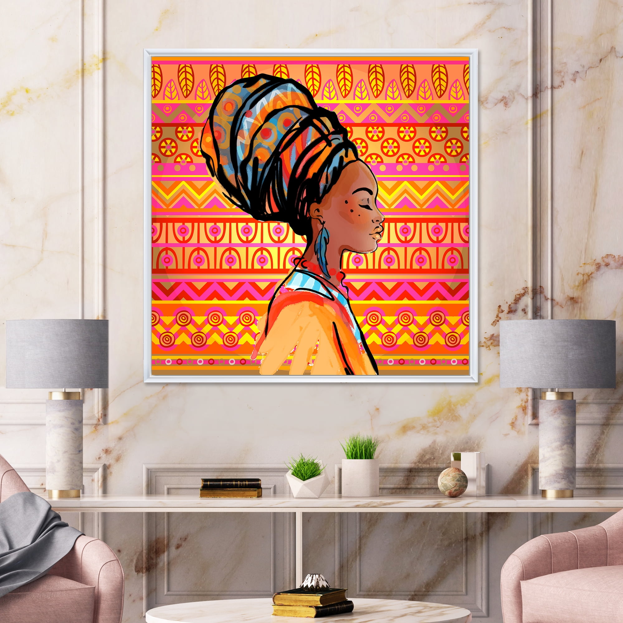 Designart 'Portrait of African American Woman With Turban I' Modern Framed Canvas Wall Art Print