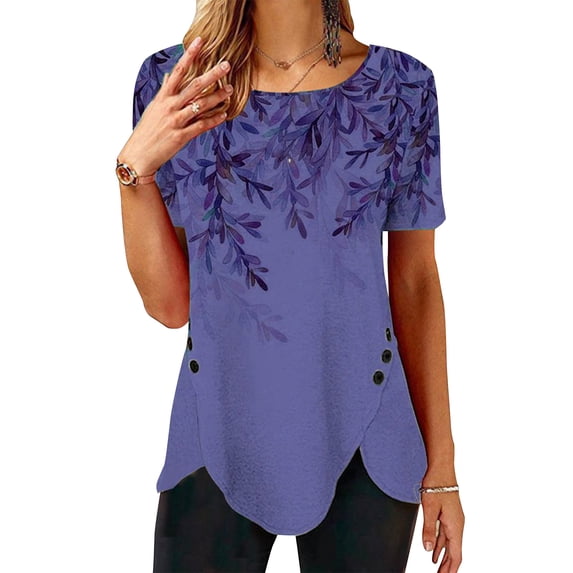 Tunic Top for Women--Casual Short Sleeve T-shirt Button Blouse Irregular Hem T-shirt